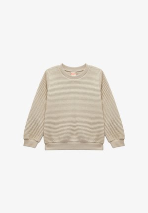 Beige Sweatshirt mit strukturiertem, geripptem Muster. Verfügt über einen Rundhalsausschnitt und lange Ärmel mit gerippten Bündchen und Saum.