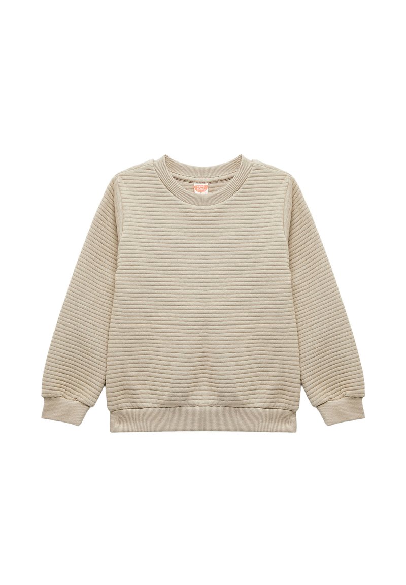 Sudadera beige con un patrón texturizado y acanalado. Presenta un cuello redondo y mangas largas con puños y dobladillo acanalados.