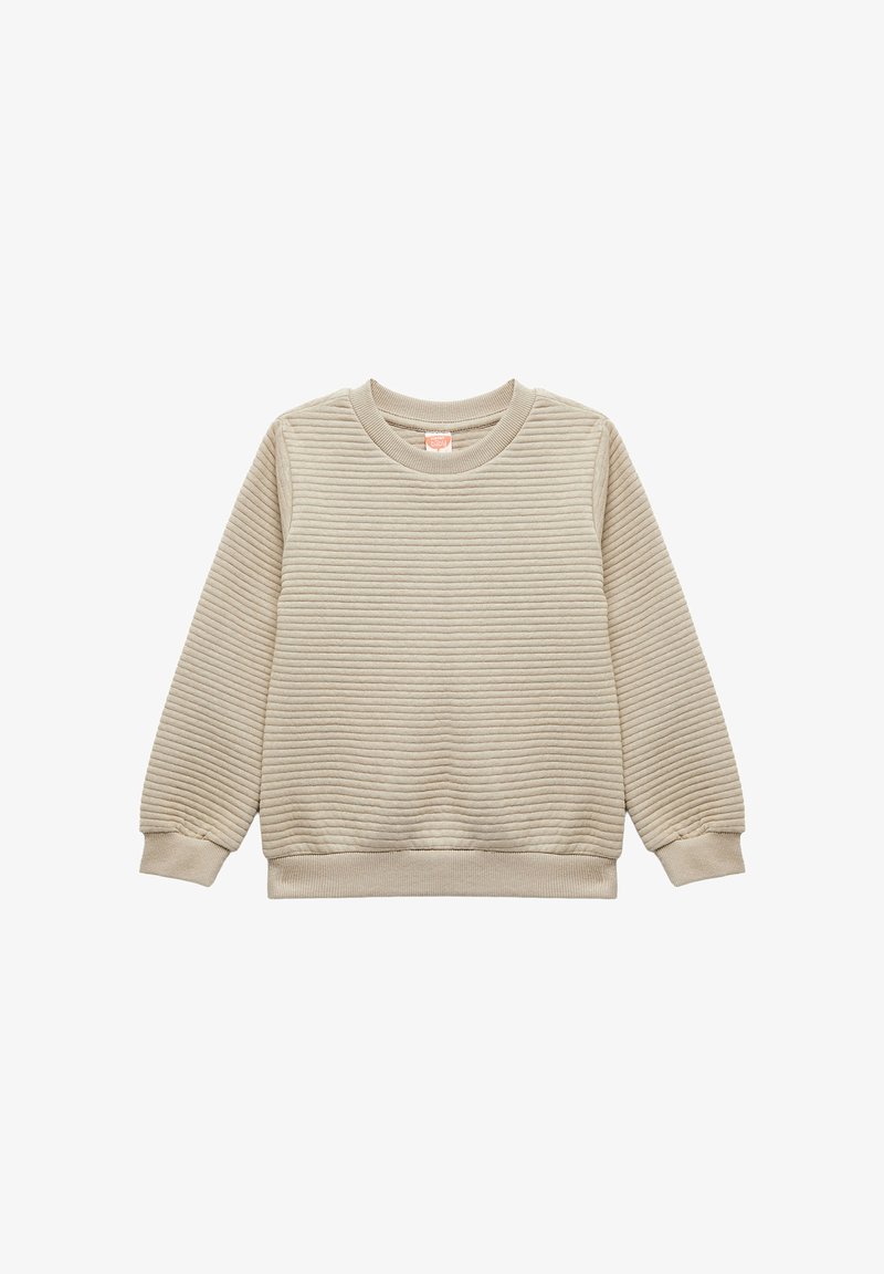 Sudadera beige con un patrón texturizado y acanalado. Presenta un cuello redondo y mangas largas con puños y dobladillo acanalados.