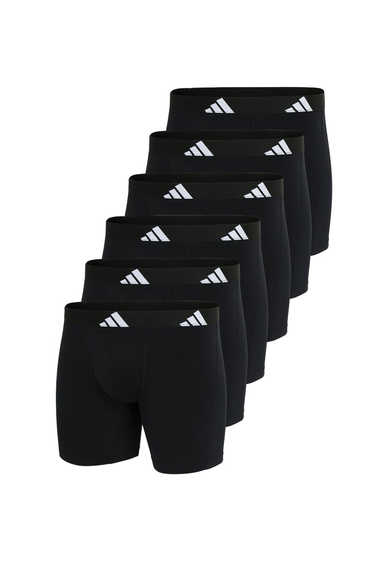 Svarta athletiska boxershorts med en slät tygkonstruktion, med en svart midja prydd med vit tre-stripes branding. Set om sex.