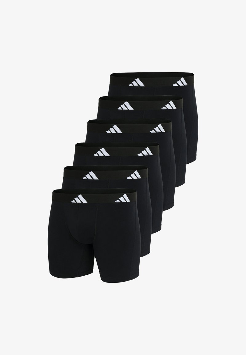 Svarta athletiska boxershorts med en slät tygkonstruktion, med en svart midja prydd med vit tre-stripes branding. Set om sex.