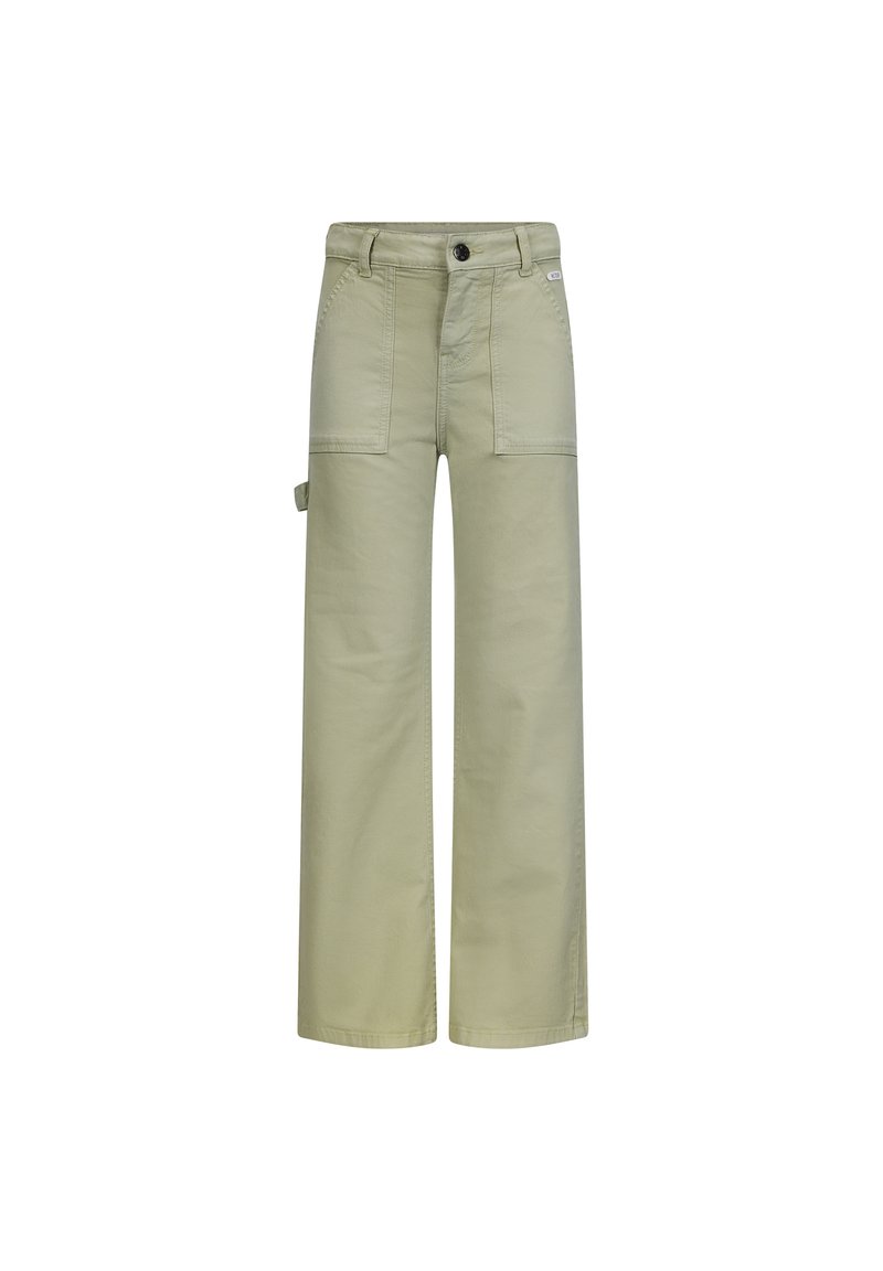 Lichtgroene wijde broek van duurzame stof, met knoopsluiting, voor- en zijzakken en een losse pasvorm.