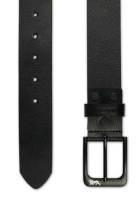 Cinturón de cuero negro con acabado texturizado, que presenta una hebilla cuadrada de metal negro y un logotipo plateado en contraste. Cinco agujeros de ajuste.