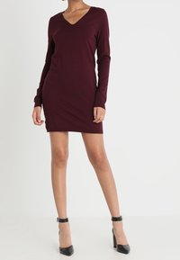 Donna che indossa un vestito mini a maniche lunghe, borgogna, con scollatura a V e tacchi alti neri con cinturino alla caviglia, in piedi contro uno sfondo bianco semplice.