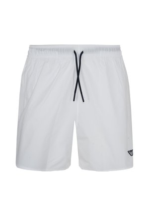 White men's swim shorts with elastic waistband, black drawstring, and small black logo on the lower left leg.