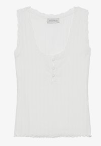 White ribbed tank top featuring a scoop neckline with scalloped edges and three button accents at the front. Soft, lightweight fabric.