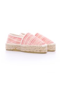 Espadrillas con tomaia in tessuto a righe rosa e bianche, elastico laterale e suola in juta intrecciata. Punta arrotondata e suola piatta e testurizzata.
