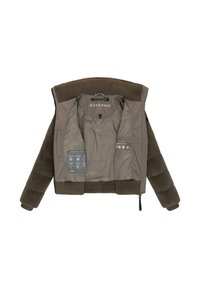 Bruine fleece jack met geribbelde kraag, ritssluiting en twee binnenzakken. Bevat logo's en symbolen op de voering.