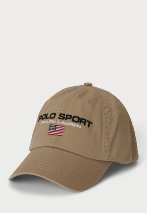 Khaki cotton cap with a curved brim, featuring "POLO SPORT" and "RALPH LAUREN" in black embroidery and a small American flag emblem.