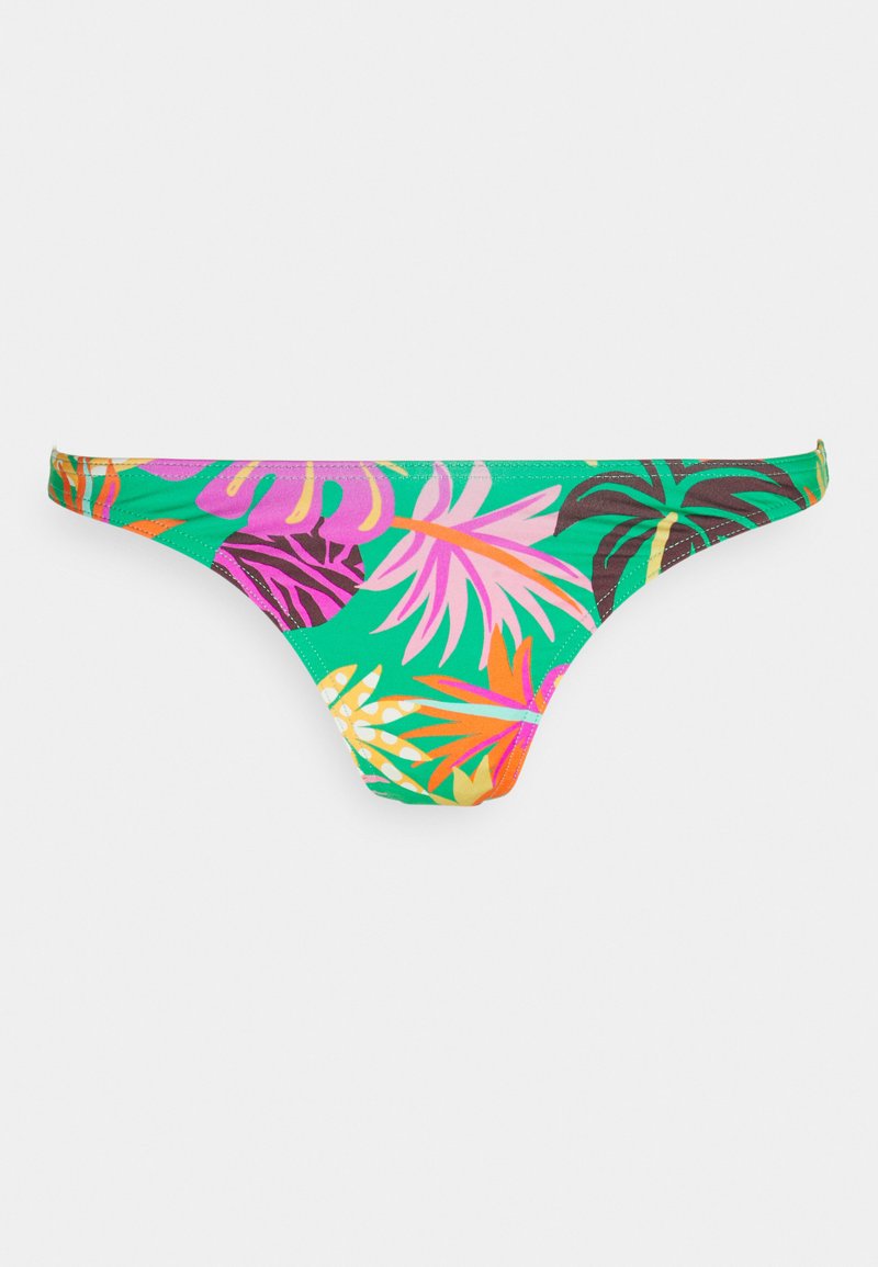 Parte de baixo de bikini verde com um padrão de folhas tropicais em rosa, laranja e roxo. Feita de um tecido elástico com um design de cintura baixa.