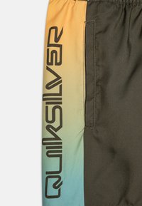 Šorc u gradijentnoj kombinaciji zelene i narančaste boje s Quiksilver logotipom u crnoj boji. Ima glatku teksturu i elastičnu traku oko struka. Uključena bočna džep.