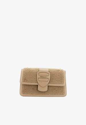 Borsa rettangolare beige con tessuto morbido, dettagli in pelle liscia, pattina anteriore e chiusura a fibbia con logo "Blauer".