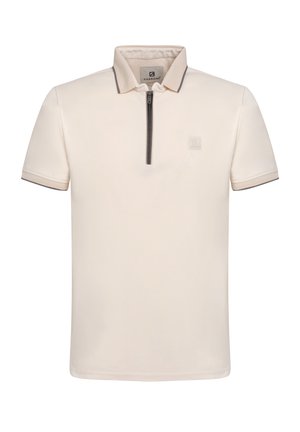Korte mouw polo shirt in lichtbeige, met een ritskraag en contrasterende donkere afwerking. Gemaakt van een gladde, ademende stof.