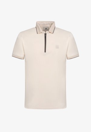 Korte mouw polo shirt in lichtbeige, met een ritskraag en contrasterende donkere afwerking. Gemaakt van een gladde, ademende stof.