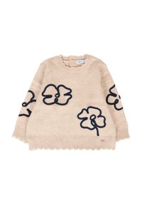 Beżowy sweter z dzianiny z granatowym haftem kwiatowym, falbaniastym wykończeniem dołu i prążkowanymi mankietami. Metka widoczna przy dekolcie.