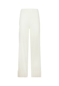 Pantaloni bianchi a gamba larga realizzati in tessuto morbido con una texture liscia. Presentano polsini a coste sul fondo. Design semplice e lineare.