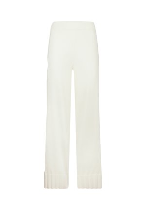 Pantaloni bianchi a gamba larga realizzati in tessuto morbido con una texture liscia. Presentano polsini a coste sul fondo. Design semplice e lineare.