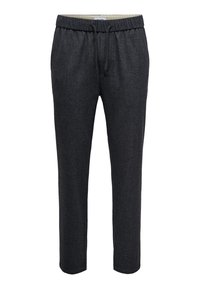 Dark gray, loose-fitting joggers with an elastic waistband and drawstring. Features a soft, textured fabric and tapered legs.