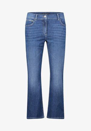 Blaue, ausgestellt geschnittene Jeans aus Denim mit fünf Taschen, goldenen Hardware-Akzenten und dezenten Nähdetails entlang der Nähte.