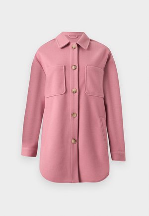 Veste-chemise en mélange de laine rose avec col, fermeture boutonnée à l'avant, deux poches poitrine et deux poches latérales. Texture lisse avec une coupe décontractée.