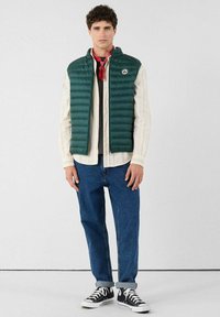 Smanicato verde imbottito, leggero, con righe orizzontali, sopra una camicia a righe cremisi. Jeans scuri e sneakers in tela nere completano il look.