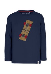Langärmliges navy Hemd mit einem Grafikdesign eines Skateboards in Holztextur mit roten Rädern und dem Schriftzug "B/R" in der Mitte.