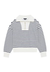 Maglione a righe con zip a quarto, realizzato in un tessuto morbido. Presenta righe blu navy su uno sfondo bianco, con polsini e orlo a costine.