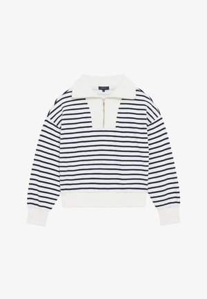 Sweatshirt à rayures avec zip quart, fabriqué à partir d'un tissu doux. Présente des rayures bleu marine sur un fond blanc, avec des poignets et un ourlet côtelés.