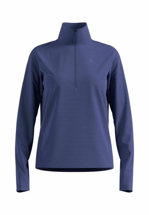 Long-sleeve, high-collar top in dark blue with textured stripes, quarter-zip front, and stitched hem details. Suitable for athletic wear.