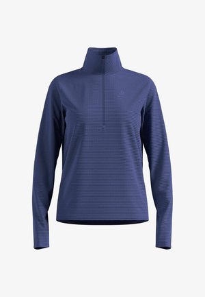 Long-sleeve, high-collar top in dark blue with textured stripes, quarter-zip front, and stitched hem details. Suitable for athletic wear.
