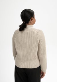 Beige gerippter Pullover mit hohem Kragen und langen Ärmeln. Hat ein tailliertes Design und strukturiertes Strickmuster, von hinten gezeigt.