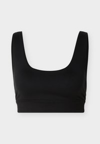 Μαύρο αθλητικό σουτιέν με φαρδιές τιράντες και τετράγωνο ντεκολτέ, σχεδιασμένο για αθλητική ή καθημερινή χρήση, παρουσιασμένο σε απλό ανοιχτό φόντο.