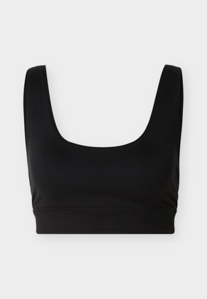 Sutien sport negru cu bretele late și decolteu pătrat, conceput pentru activități sportive sau purtare casual, expus pe un fundal deschis și simplu.