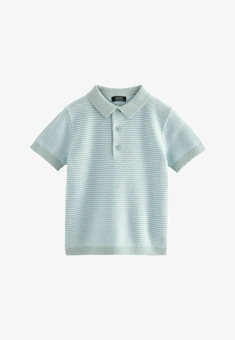 Heledsinine lühikeste varrukatega polo-särk, millel on tekstuuriga kudumimuster, kontrastset värvi kaelus ja mansetid, kolm nööpi ning brändi silt.