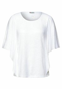 Vit kortärmad topp med rundad halsringning och lös passform. Tillverkad av ett lättviktigt tyg, med en mjuk konsistens och rundad fåll.