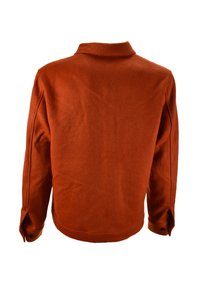 Giacca camicia di lana arancione con colletto, polsini con bottoni e superficie testurizzata. Mostrata da dietro, evidenziando il design elegante.