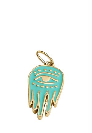 Llavero de tono dorado con forma de mano, adornado con esmalte turquesa, que presenta un diseño de ojo y un patrón de puntos decorativos en la parte superior.