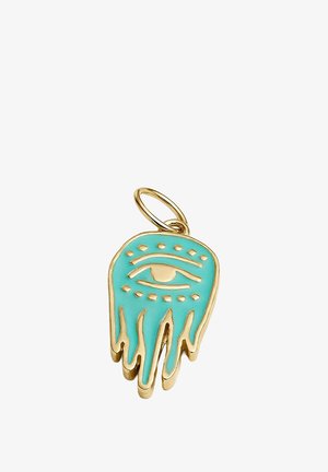 Llavero de tono dorado con forma de mano, adornado con esmalte turquesa, que presenta un diseño de ojo y un patrón de puntos decorativos en la parte superior.