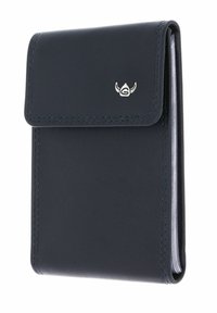 Portefeuille compact en cuir noir avec fermeture à rabat et petit emblème argenté à cornes sur le devant.