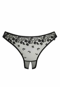 String noir en maille avec des détails en dentelle florale, bords festonnés et un design découpé à l'arrière. Présente une texture douce et transparente sur toute sa surface.