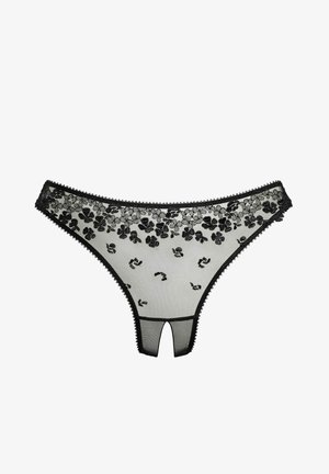 Schwarzer Netz-Tanga mit floralen Spitzendetails, gewellten Kanten und Ausschnittdesign auf der Rückseite. Mit weicher, transparenter Textur durchgehend.