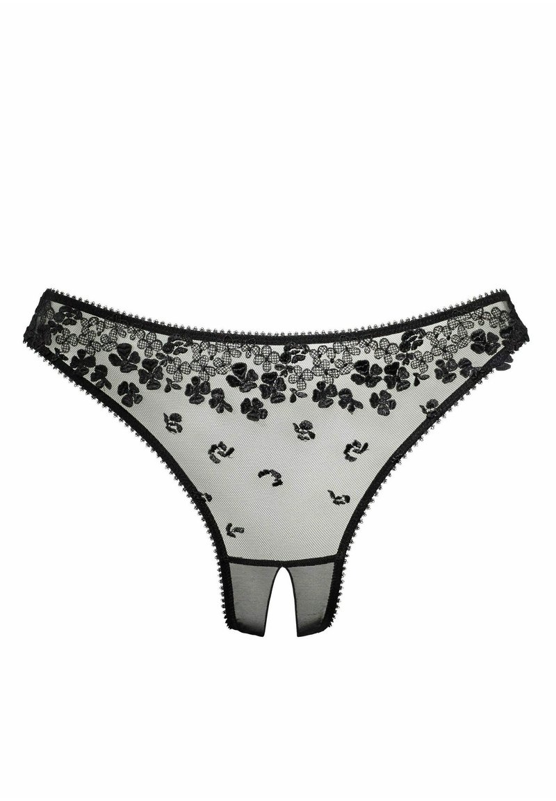 String noir en maille avec des détails en dentelle florale, bords festonnés et un design découpé à l'arrière. Présente une texture douce et transparente sur toute sa surface.