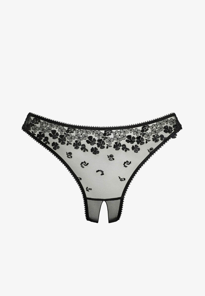 Schwarzer Netz-Tanga mit floralen Spitzendetails, gewellten Kanten und Ausschnittdesign auf der Rückseite. Mit weicher, transparenter Textur durchgehend.