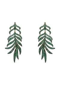 Green gemstone earrings with a leaf design, featuring intricate detailing and gold accents, showcasing a shimmering texture.