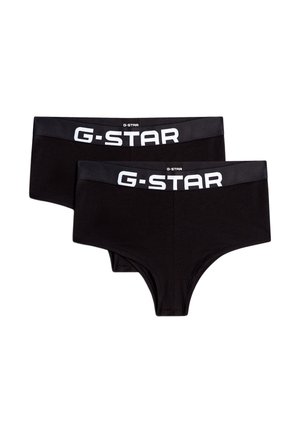 Kaksi mustaa G-Star bokseria, joissa on joustavat vyötärönauhat valkoisilla G-STAR-logoilla, asetettu päällekkäin valkoisella taustalla.