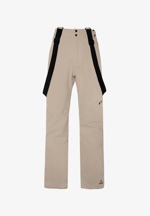Beige wasserdichte Hose mit geradem Schnitt, verstellbaren schwarzen Trägern, zwei Vorderknöpfen und Logo am unteren linken Saum.