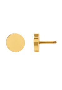 Orecchini a cerchio in oro con una superficie liscia e riflettente; presentano un design classico con un perno filettato per una chiusura sicura.