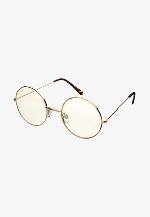 Ronde zonnebrillen met een dunne gouden montuur, gele lenzen en een schildpadpatroon op de pootjes. Opvallend door het minimalistische ontwerp en de lichte constructie.
