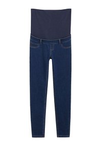 Vaqueros skinny de color azul oscuro con una cintura alta. Fabricados en tela de mezclilla, presentan dos bolsillos frontales y mínimos detalles de costura a lo largo de las costuras.