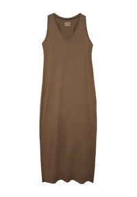 Brązowa sukienka bez rękawów wykonana z miękkiego, elastycznego materiału. Posiada dekolt w kształcie litery V oraz prostą sylwetkę, sięgającą do połowy łydki.